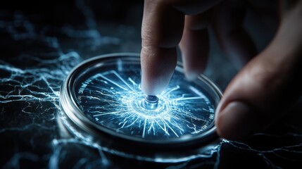 Poster - A close-up of a hand positioning a compass near a coil with visible current, showcasing a hands-on experiment with magnetic fields.