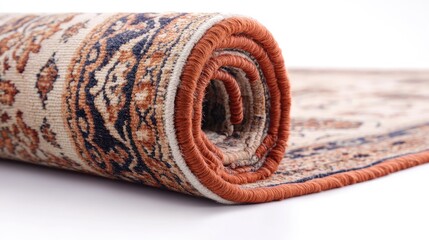 Poster - A close-up of a rolled traditional rug, showcasing vivid and detailed designs against a simple white background.
