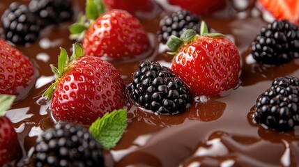 Poster - A close-up of ripe strawberries and blackberries laying on rich melted chocolate with sprigs of mint, offering a tempting treat.