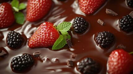 Poster - A close-up of ripe strawberries and blackberries laying on rich melted chocolate with sprigs of mint, offering a tempting treat.