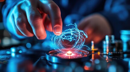Poster - A close-up shot of a hand holding a compass near a coil with visible electric current, illustrating a magnetic field experiment in action.