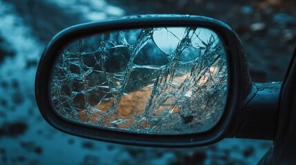 Poster - A close-up view of a broken car mirror, reflecting the road, with shattered glass surrounding it, showing the aftermath of a collision.