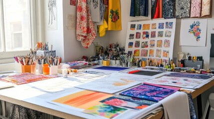 Poster - A colorful and well-organized designer's table, featuring fashion drawings, fabric swatches, and other creative tools in a bright, inspiring workspace.