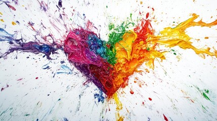 Aufkleber - A colorful, dynamic heart created from splashes of rainbow paint on a white background, evoking a sense of energy and passion.
