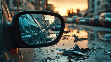 Poster - A cracked side mirror reflecting the street, with car accident debris scattered across the foreground, highlighting the damage and chaos.