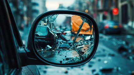 Poster - A damaged side mirror reflects the street, with scattered debris from a recent car accident creating a chaotic scene.