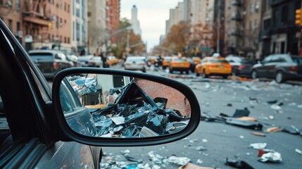 Poster - A damaged side mirror reflects the street, with scattered debris from a recent car accident creating a chaotic scene.