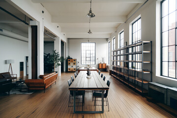Aufkleber - Modern open space office interior with large wooden table and industrial metal shelves