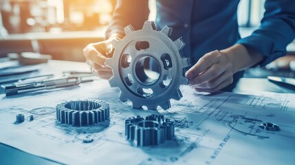 Poster - A designer works on a gearbox concept, surrounded by technical blueprints and 3D printed models, representing engineering innovation.
