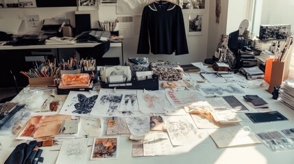 Poster - A designer workspace with fashion sketches, fabric swatches, and design tools spread out on a bright, organized table, showcasing creativity in action.