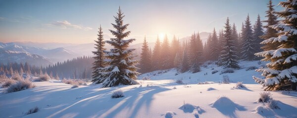 Wall Mural - A peaceful winter landscape with snow-covered evergreens and frosty mornings on a snowy hillside, chill, winter, white