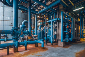 Poster - Complex network of blue industrial pipelines transporting liquids or gases
