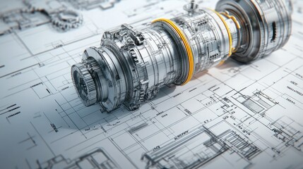 Poster - A detailed view of a gearbox design process, with technical blueprints and 3D printed prototypes laying the foundation for innovation.