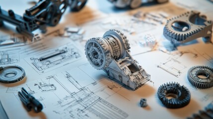Poster - A detailed view of a gearbox design process, with technical blueprints and 3D printed prototypes laying the foundation for innovation.