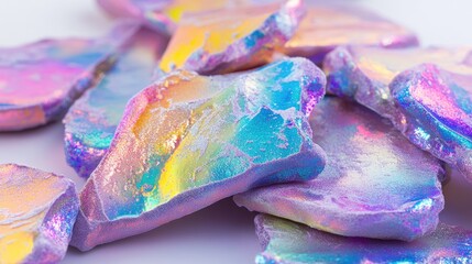 Poster - A detailed view of iridescent rainbow clay with a soft, foamy texture, reflecting a range of colors through its metallic sheen.