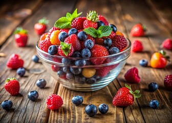 Wall Mural - Vibrant Berries Rotating in Glass Bowl, 4K Stock Photo - Healthy Food Concept