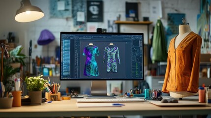 Poster - A digital fashion workstation with 3D garment design software on the screen and a mannequin, representing modern clothing prototyping.