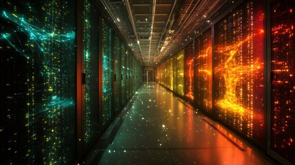 Poster - Server racks with colorful lights visualizing data processing in modern data center