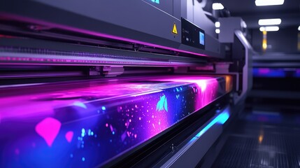 Aufkleber - A dynamic shot of an industrial inkjet printer releasing vibrant colors onto large format media in a high-tech production environment.