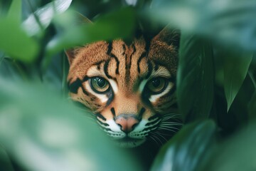 Wall Mural - ocelot hiding in the jungle looking intensely through leaves