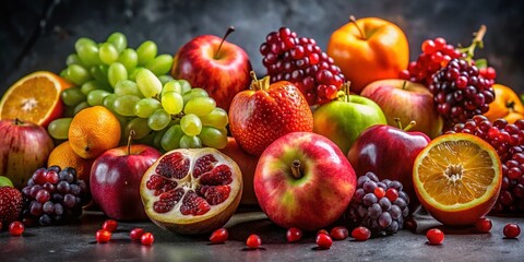 Wall Mural - Vibrant Fresh Fruit Still Life: Apples, Grapes, Pomegranate, Oranges