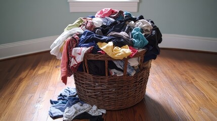Aufkleber - A full laundry basket with clothes spilling out onto a wooden floor, highlighting the feeling of laundry overload and disorganization