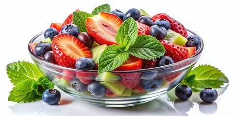 Wall Mural - Vibrant Fruit Salad Macro Photography: Strawberries, Blueberries, Kiwi & Mint