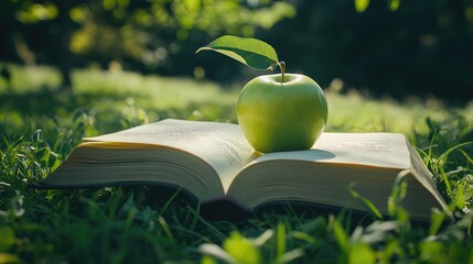 Poster - A green apple atop an open book in a field of lush grass, blending the freshness of nature with the wisdom of literature.