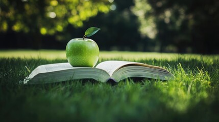 Poster - A green apple atop an open book in a field of lush grass, blending the freshness of nature with the wisdom of literature.