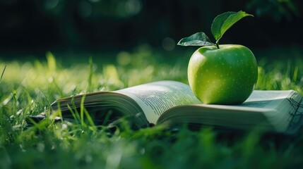 Poster - A green apple on an open book, placed on lush grass, symbolizing the refreshing and enlightening combination of nature and knowledge.