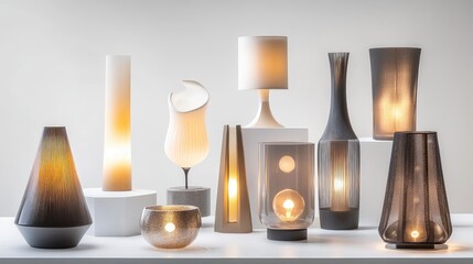 Poster - A group of modern, creatively designed table lamps on a white background, showcasing the diversity and beauty of contemporary lighting.
