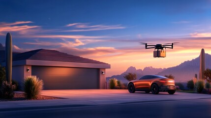 Poster - Drone delivering package to modern house with electric car in driveway at sunset