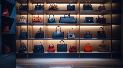 Poster - A high-fashion designer boutique with an upscale display of luxury handbags and shoes, perfect for luxury retail imagery.