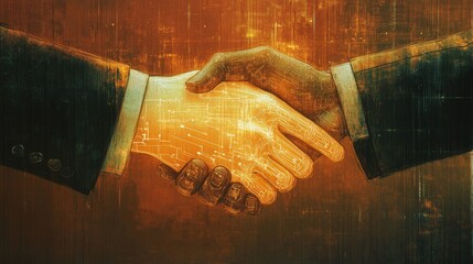 Poster - A human and AI hand shaking digitally, illustrating the synergy and collaboration between man and machine in the digital age.