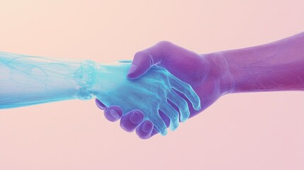Poster - A human and AI hand shaking digitally, illustrating the synergy and collaboration between man and machine in the digital age.