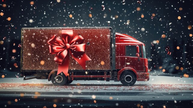 A holiday-themed delivery truck with a large red bow and festive confetti, capturing the spirit of gift-giving and celebration.