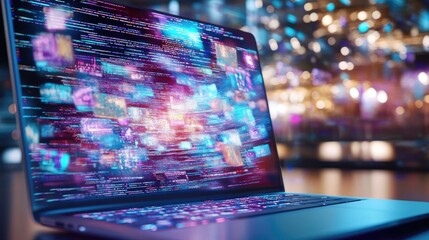 Aufkleber - A laptop showcasing streaming digital images and programming code, visualizing the connection between technology, data, and innovation.