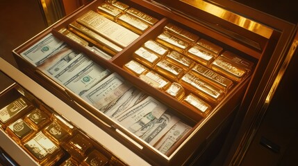 Aufkleber - A lavish open safe deposit box containing gold bars, cash bundles, and vital papers, symbolizing the height of financial wealth.