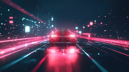 Poster - A luminous polygonal truck driving down a digital road at night, symbolizing the future of transportation and digital innovation.