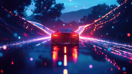 Poster - A luminous polygonal truck driving down a digital road at night, symbolizing the future of transportation and digital innovation.