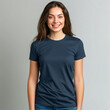 © Soom Space - Young woman wearing dark blue blank t-shirt on isolated background for T-shirt mockup