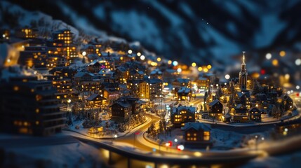 Poster - A miniature city at night, with bright lights and bustling streets, captured through a tilt-shift lens to emphasize its vibrant nightlife.