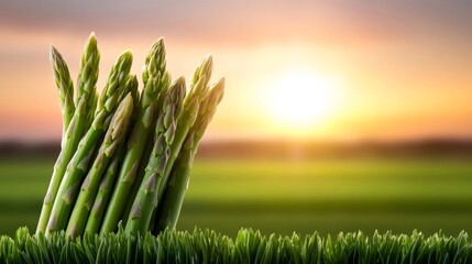 Wall Mural - Fresh green asparagus growing in field at sunset