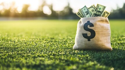 Poster - A money bag full of cash on a green sports field, symbolizing the pursuit of success and wealth amidst nature backdrop.