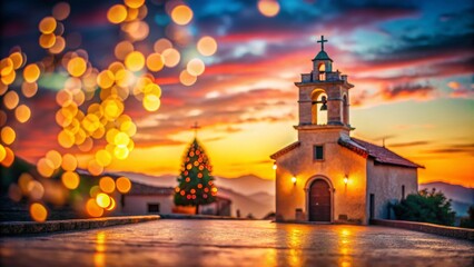 Wall Mural - Vergalijo Church at Dusk - Bokeh Lights & Romantic Atmosphere Stock Photo