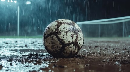 Poster - A muddy soccer ball inches toward the goal on a rain-soaked field at night, showcasing the struggle for victory in difficult conditions.