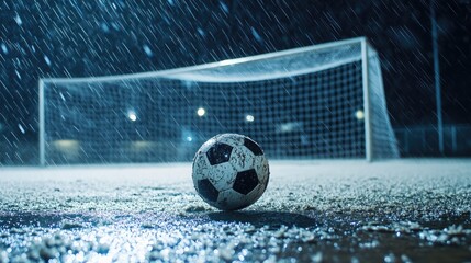 Poster - A muddy soccer ball inches toward the goal on a rain-soaked field at night, showcasing the struggle for victory in difficult conditions.