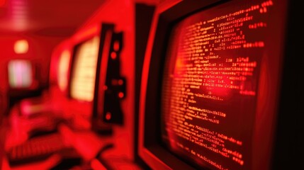 Poster - A nostalgic scene with an old computer screen showing lines of code, illuminated by warm red light, evoking early tech memories.