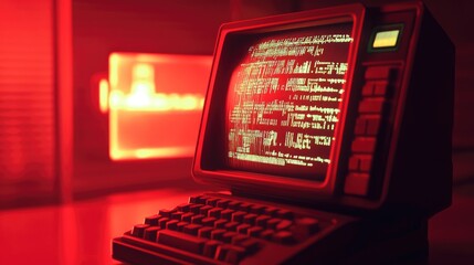 Poster - A nostalgic scene with an old computer screen showing lines of code, illuminated by warm red light, evoking early tech memories.