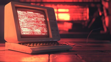 Poster - A nostalgic scene with an old computer screen showing lines of code, illuminated by warm red light, evoking early tech memories.